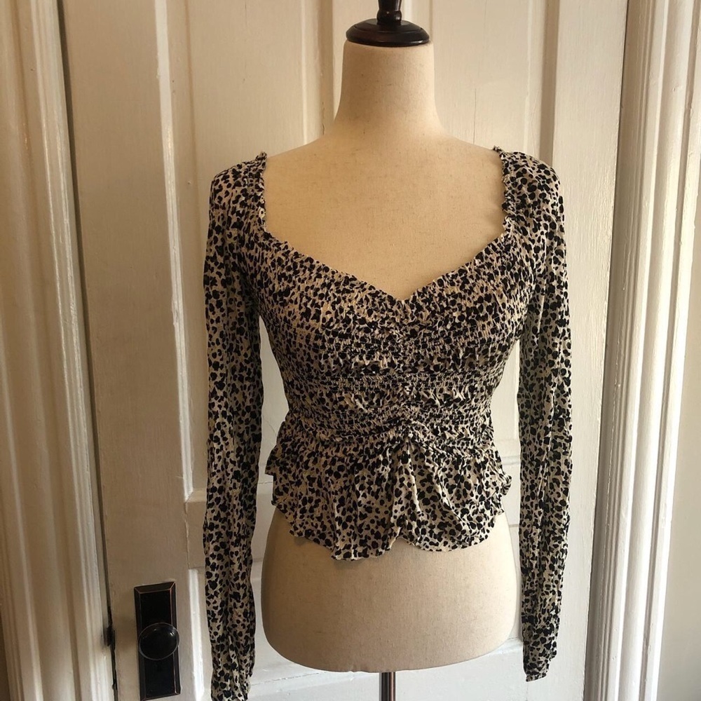 Urban Outfitters Animal Print Smocked Heart Neckline Long Sleeve Top